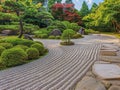 Serene Japanese garden with raked gravel paths and vibrant foliage Royalty Free Stock Photo