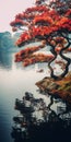 Serene Japanese-inspired Pine Tree By The Lake