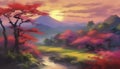 A serene Japanese natural landscape. Abstract art.