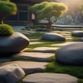 A serene Japanese rock garden with carefully arranged stones and gravel3