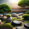 A serene, Japanese rock garden with carefully arranged stones, gravel paths, and bonsai trees2 Royalty Free Stock Photo