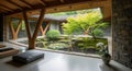 Serene japanese zen garden courtyard with pond and maple tree inside modern architecture Royalty Free Stock Photo