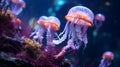 A serene jellyfish exhibit, with softly glowing bioluminescent creatures as the background context