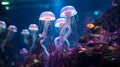 A serene jellyfish exhibit, with softly glowing bioluminescent creatures as the background context