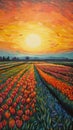 Serene Joyful Sunrise Over Vibrant Tulip Fields in Oil Painting Style. Royalty Free Stock Photo