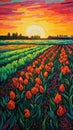 Serene Joyful Sunrise Over Vibrant Tulip Fields in Oil Painting Style.