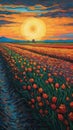 Serene Joyful Sunrise in Vibrant Tulip Fields: An Oil Painting in Post-Impressionism Style. Royalty Free Stock Photo