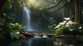 Enchanting Waterfall Scenery with Lush Tropical Plants and Delicate White Flowers at Tropical Forest Royalty Free Stock Photo