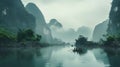 Serene Karst Canal Surrounded By Mountains In Hazy Romanticism Style