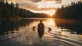 Serene kayaking at sunset, person paddling on calm waters against forest backdrop. outdoor adventure. AI