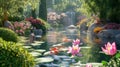 Serene Koi Pond Garden Lush Waterfall Blooms Royalty Free Stock Photo