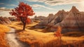 Vibrant Scenic Landscape With Badlands Hillsides And Red Tree