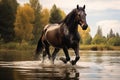 By the serene lake, a beautifully groomed dark horse takes a leisurely walk