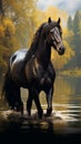 By the serene lake, a beautifully groomed dark horse takes a leisurely walk