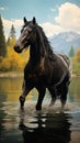 By the serene lake, a beautifully groomed dark horse takes a leisurely walk