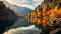 Light-filled Landscapes Capturing The Beauty Of Fall Trees Framing A Serene Mountain Lake