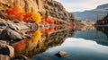 Colorful Autumn Trees And Canyons Reflecting In Idaho Mountains