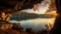 Serene Cave With Water And Fall Leaves: Uhd Image With Golden Light Royalty Free Stock Photo