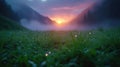 Serene Lake Dawn, Dew on Grass, Distant Mountains View Royalty Free Stock Photo