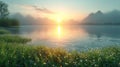 Serene Lake Dawn, Dew on Grass, Distant Mountains View Royalty Free Stock Photo