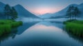 Serene Lake Dawn, Dew on Grass, Distant Mountains View Royalty Free Stock Photo