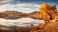 Serene Autumn Desert: A Tranquil Scene Of Chestnut Trees And A Reflective Lake Royalty Free Stock Photo