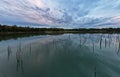 Serene Lake at Dusk with Reflective Water and Dramatic Sky