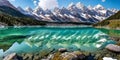 A lake in the foreground reflects a majestic snow-capped mountain in the background. Generative AI