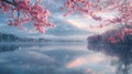 Serene Lake Kawaguchiko with Majestic Mount Fuji, Cherry Blossoms, and Morning Mist