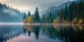 Serene Lake Landscape Misty Morning Peaceful Reflection Royalty Free Stock Photo