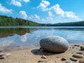 Serene lake landscape with pebble on shore Royalty Free Stock Photo