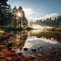 Serene lake with mist and polarizing filter