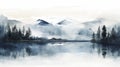 Serene Lake In Misty Tundra: Ink Wash Style Illustration In 8k Resolution