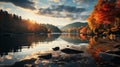 Moody Autumn Landscape: Sunset Reflection On Water Near Autumn Trees