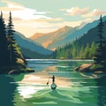 Serene lake with paddleboarder surrounded by lush green mountains