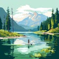 Serene lake with paddleboarder surrounded by lush green mountains