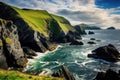 Serene Lake Reflecting Lush Green Hillside Under Blue Sky, Ring of Dingle Peninsula Kerry Ireland Dunquin Pier Harbor Rock Stone Royalty Free Stock Photo