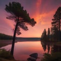 A serene lake reflecting the orange and pink hues of a sunset, surrounded by tall pine trees2 Royalty Free Stock Photo