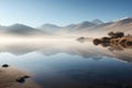 serene lake with reflection of misty mountains on the horizon Royalty Free Stock Photo