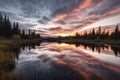 serene lake, with reflections of the sun setting over the water, and clouds in the sky Royalty Free Stock Photo