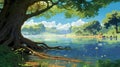 Serene Morning Landscape With Canopy Tree And Lake Scene