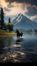 The serene lake setting is graced by a beautifully groomed, dark horse