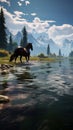 The serene lake setting is graced by a beautifully groomed, dark horse