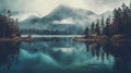 Serene Lake And Snow-capped Mountains: Atmospheric Vintage Imagery