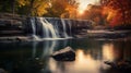 Autumn Waterfall: A Serene And Tranquil Scene In Golden Light Royalty Free Stock Photo