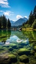 A serene lake surrounded by lush greenery and towering mountains in the distance. Royalty Free Stock Photo