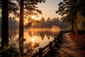 A serene lake surrounded by lush greenery and trees.