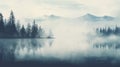 Serene Lake Surrounded By Mountains And Trees In Misty Atmosphere