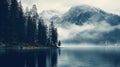 Serene Lake Surrounded By Snow-capped Mountains And Tall Pine Trees