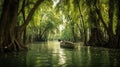 Serene Lake Surrounded By Tall Majestic Green Trees With Their Leaves Landscape AI Generative